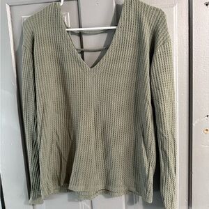Olive Green Waffle Knit V-Neck Sweater